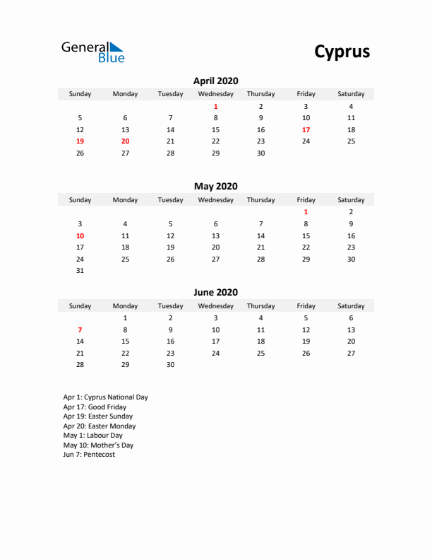 Printable Quarterly Calendar with Notes and Cyprus Holidays- Q2 of 2020