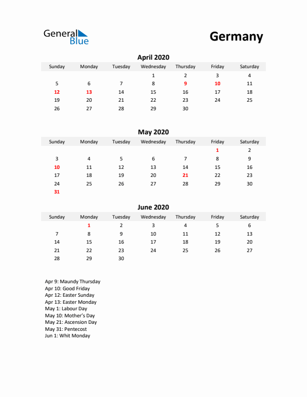 Printable Quarterly Calendar with Notes and Germany Holidays- Q2 of 2020