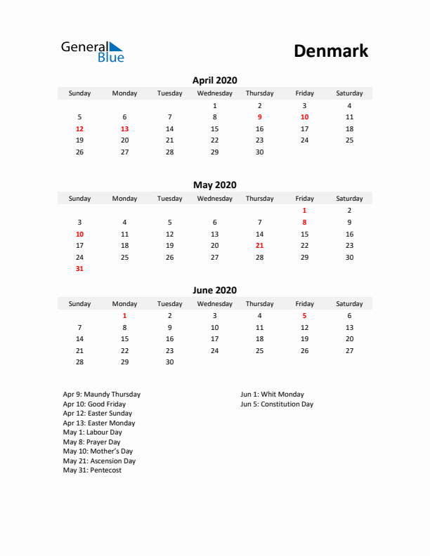 Printable Quarterly Calendar with Notes and Denmark Holidays- Q2 of 2020