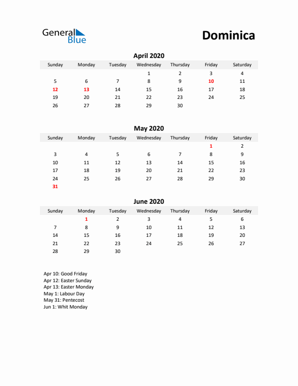 Printable Quarterly Calendar with Notes and Dominica Holidays- Q2 of 2020