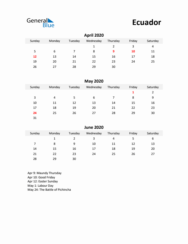 Printable Quarterly Calendar with Notes and Ecuador Holidays- Q2 of 2020