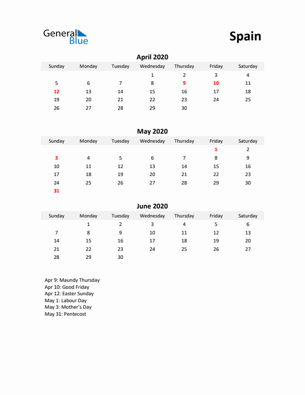 Printable Quarterly Calendar with Notes and Spain Holidays- Q2 of 2020