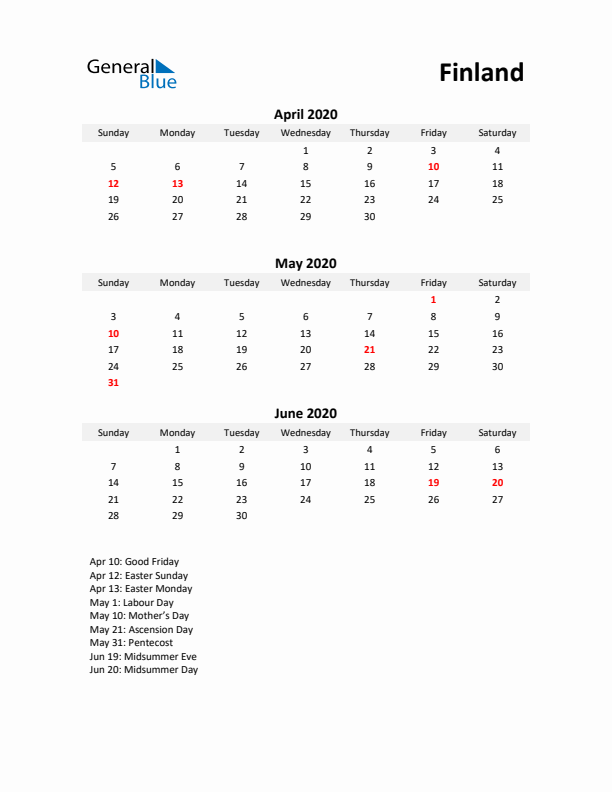 Printable Quarterly Calendar with Notes and Finland Holidays- Q2 of 2020