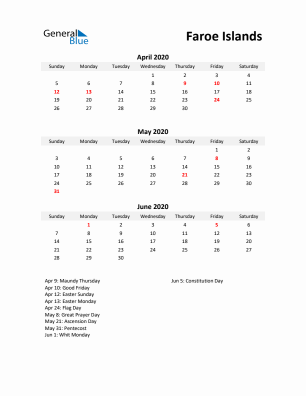 Printable Quarterly Calendar with Notes and Faroe Islands Holidays- Q2 of 2020