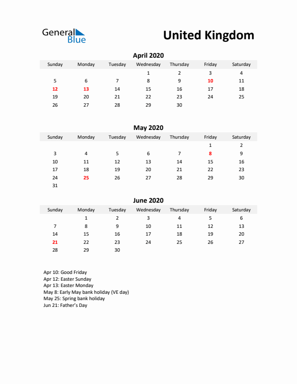 Printable Quarterly Calendar with Notes and United Kingdom Holidays- Q2 of 2020