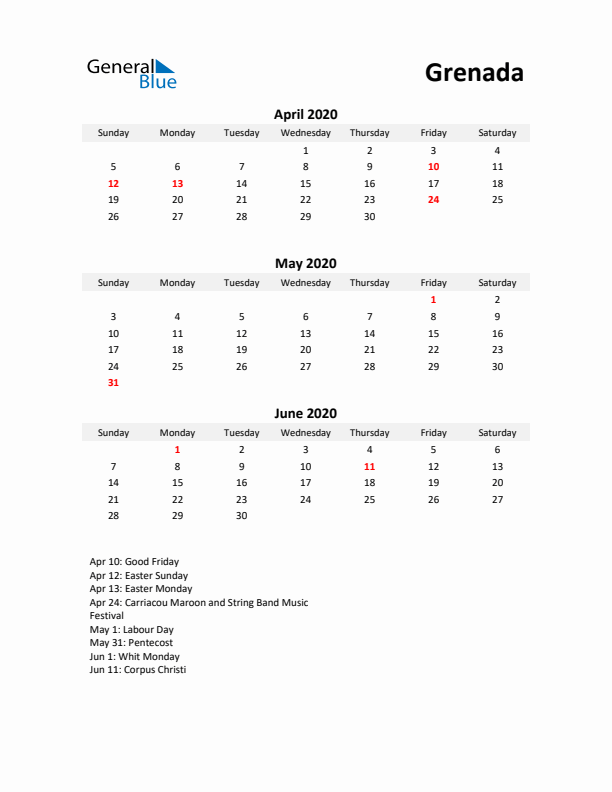 Printable Quarterly Calendar with Notes and Grenada Holidays- Q2 of 2020