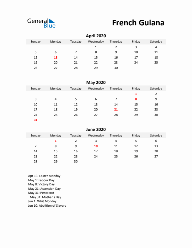 Printable Quarterly Calendar with Notes and French Guiana Holidays- Q2 of 2020