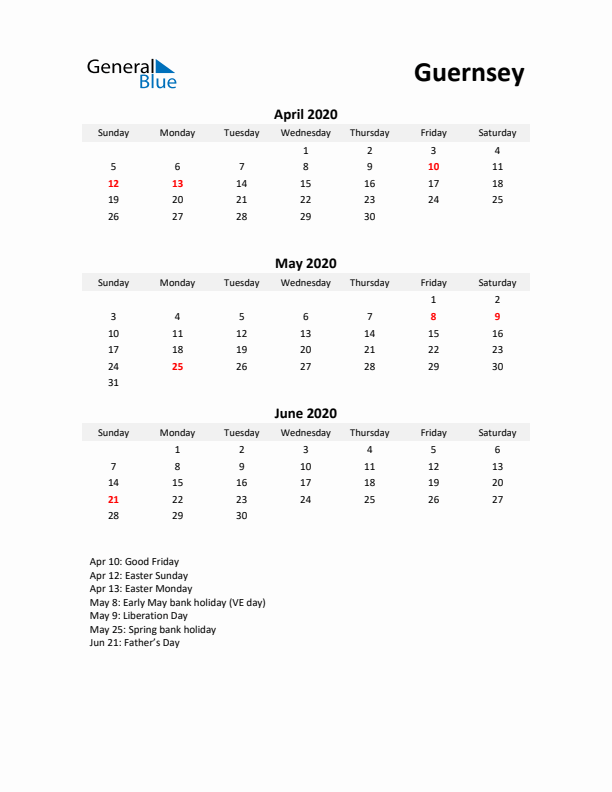 Printable Quarterly Calendar with Notes and Guernsey Holidays- Q2 of 2020