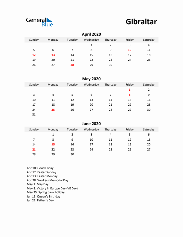 Printable Quarterly Calendar with Notes and Gibraltar Holidays- Q2 of 2020