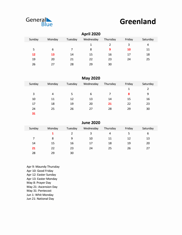 Printable Quarterly Calendar with Notes and Greenland Holidays- Q2 of 2020