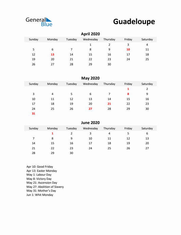 Printable Quarterly Calendar with Notes and Guadeloupe Holidays- Q2 of 2020