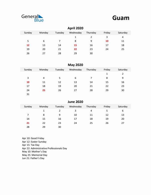 Printable Quarterly Calendar with Notes and Guam Holidays- Q2 of 2020