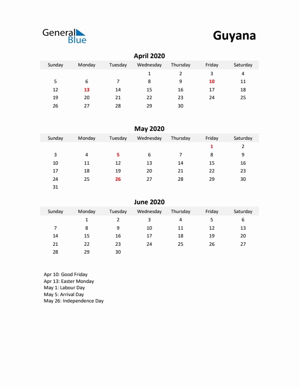 Printable Quarterly Calendar with Notes and Guyana Holidays- Q2 of 2020