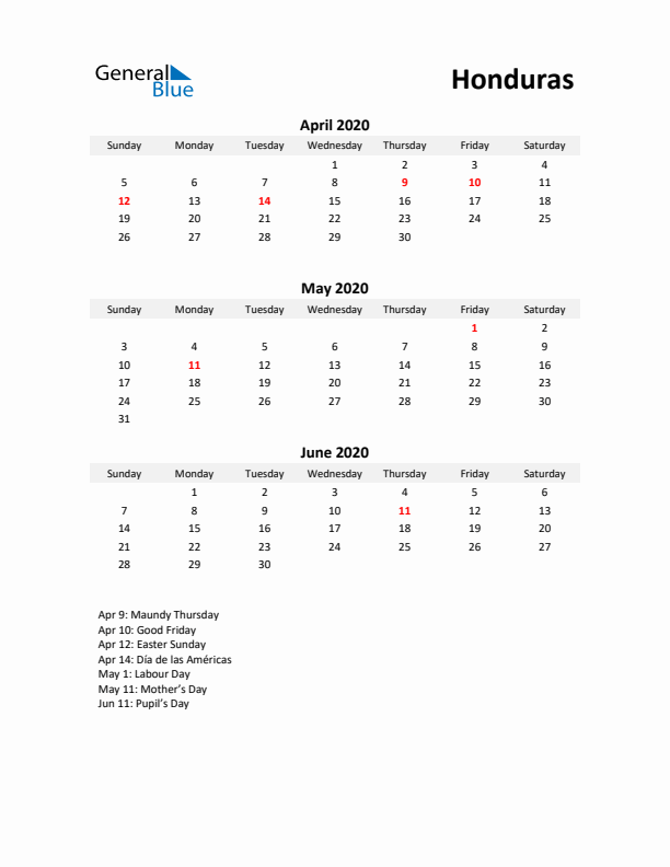 Printable Quarterly Calendar with Notes and Honduras Holidays- Q2 of 2020