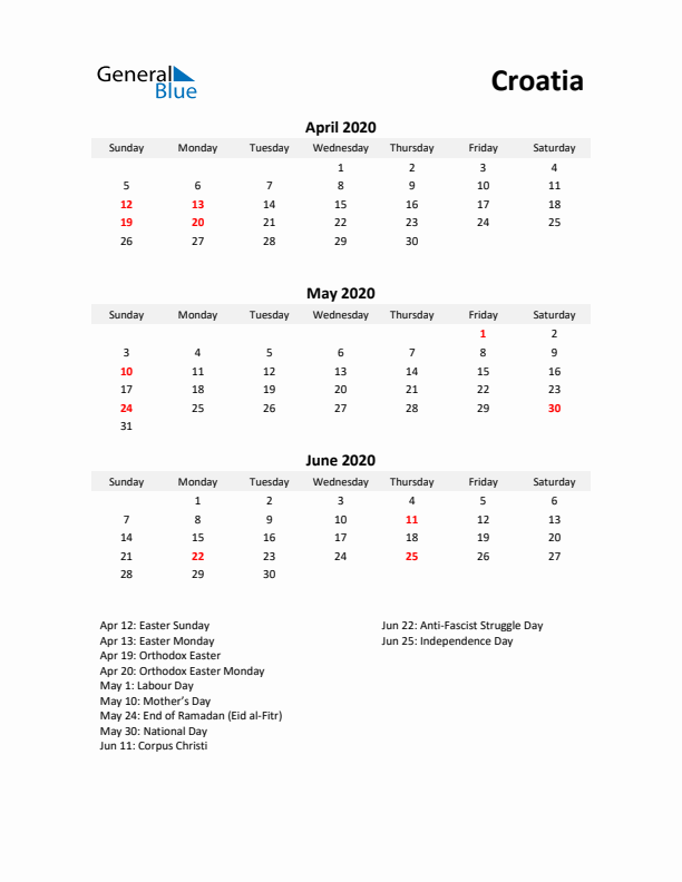 Printable Quarterly Calendar with Notes and Croatia Holidays- Q2 of 2020