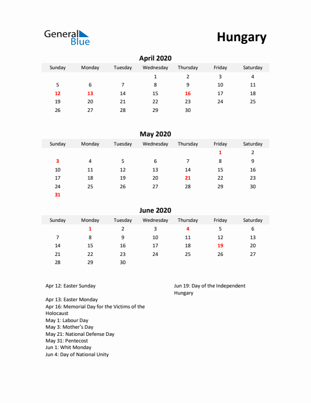 Printable Quarterly Calendar with Notes and Hungary Holidays- Q2 of 2020