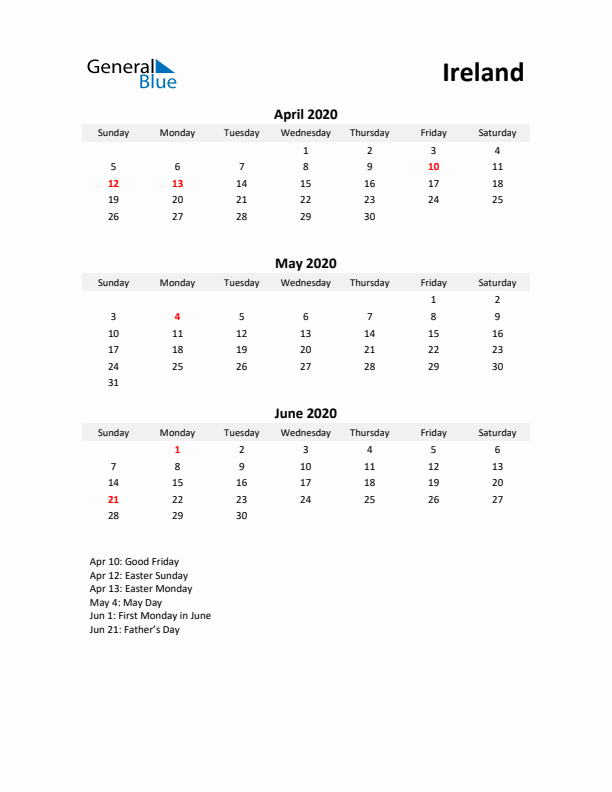 Printable Quarterly Calendar with Notes and Ireland Holidays- Q2 of 2020