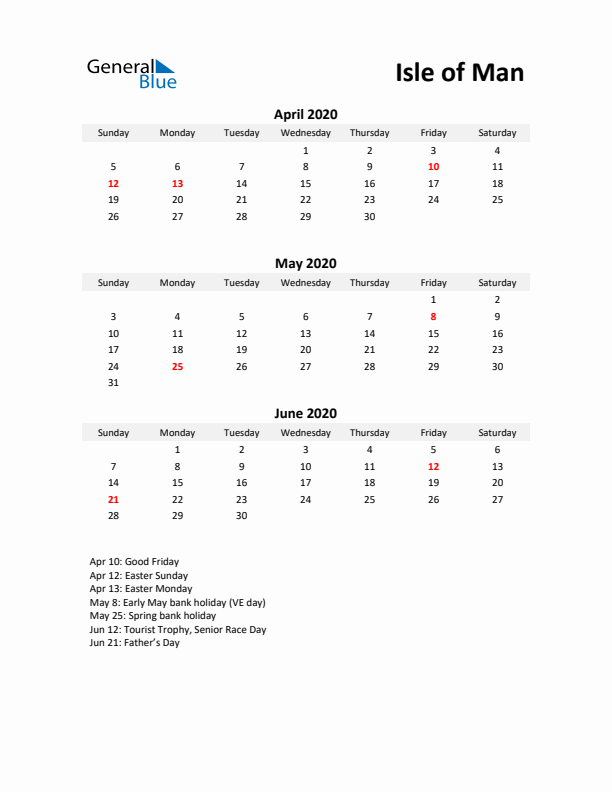 Printable Quarterly Calendar with Notes and Isle of Man Holidays- Q2 of 2020