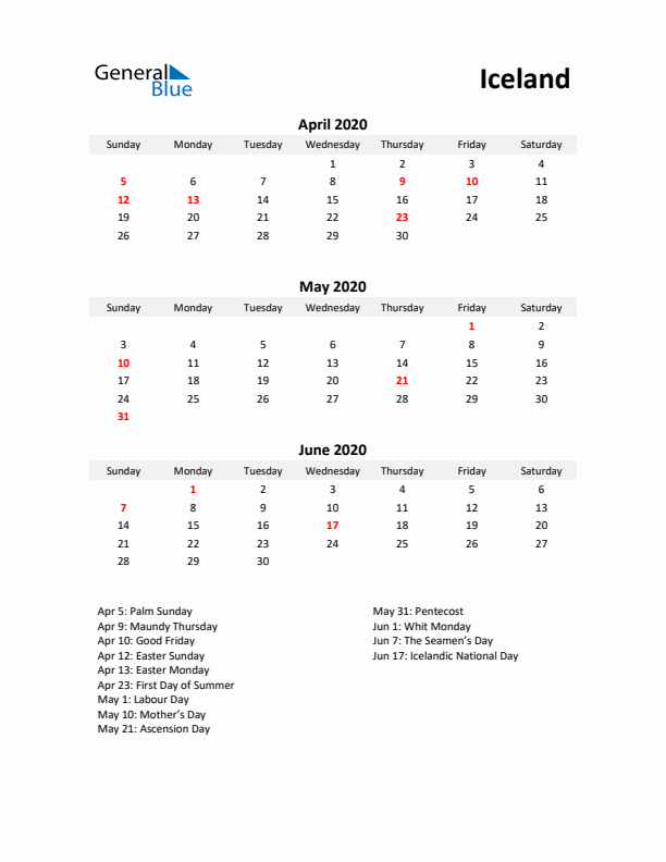 Printable Quarterly Calendar with Notes and Iceland Holidays- Q2 of 2020