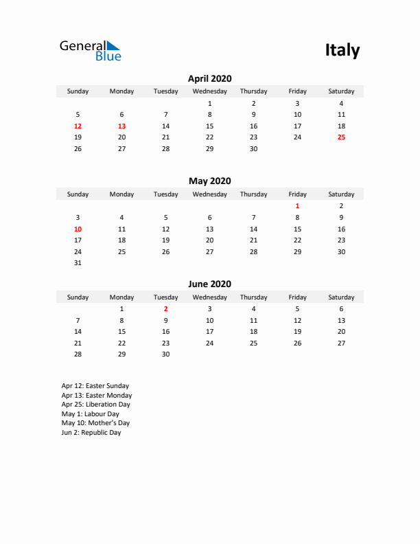 Printable Quarterly Calendar with Notes and Italy Holidays- Q2 of 2020