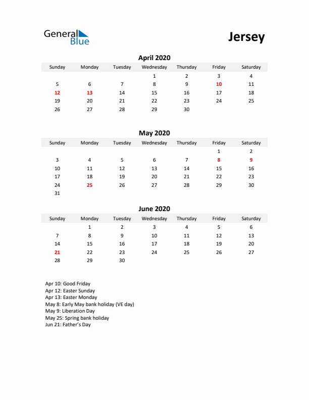 Printable Quarterly Calendar with Notes and Jersey Holidays- Q2 of 2020