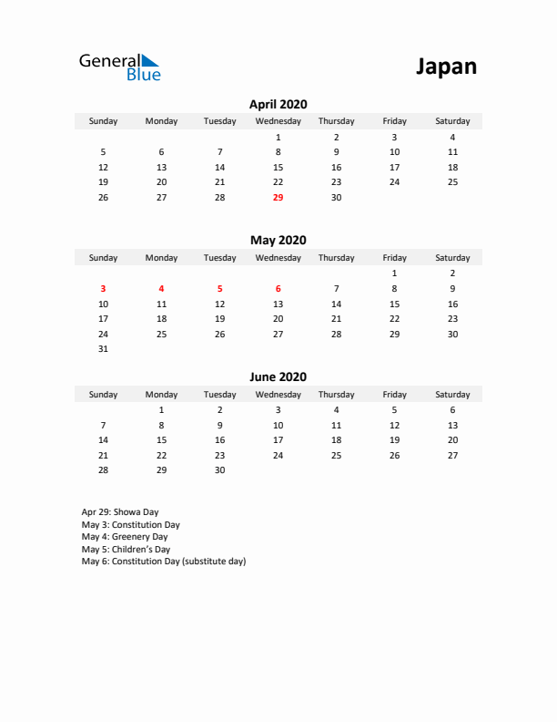 Printable Quarterly Calendar with Notes and Japan Holidays- Q2 of 2020