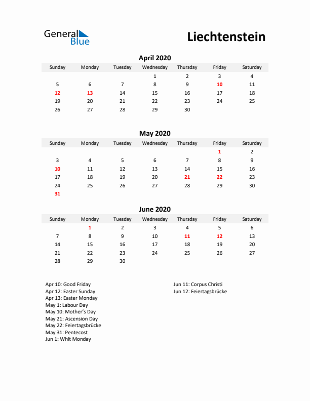 Printable Quarterly Calendar with Notes and Liechtenstein Holidays- Q2 of 2020