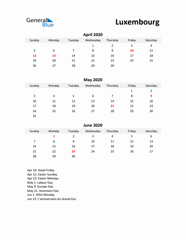 Printable Quarterly Calendar with Notes and Luxembourg Holidays- Q2 of 2020