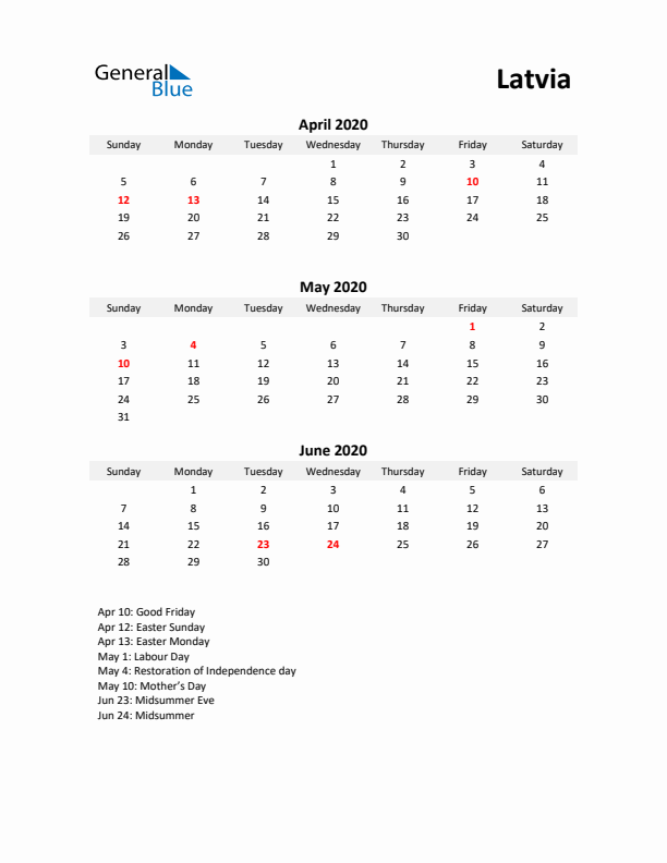 Printable Quarterly Calendar with Notes and Latvia Holidays- Q2 of 2020