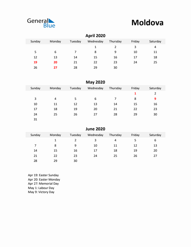 Printable Quarterly Calendar with Notes and Moldova Holidays- Q2 of 2020