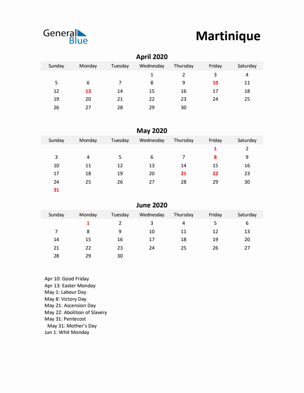 Printable Quarterly Calendar with Notes and Martinique Holidays- Q2 of 2020