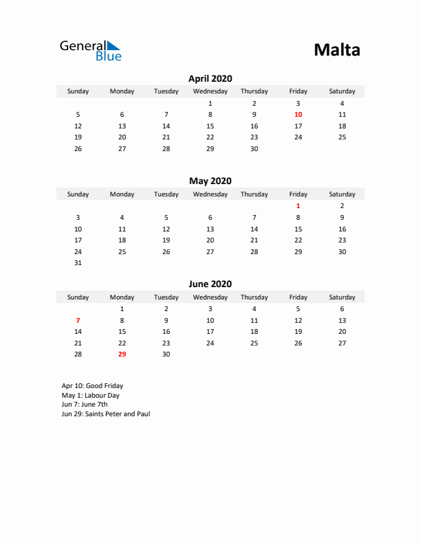 Printable Quarterly Calendar with Notes and Malta Holidays- Q2 of 2020