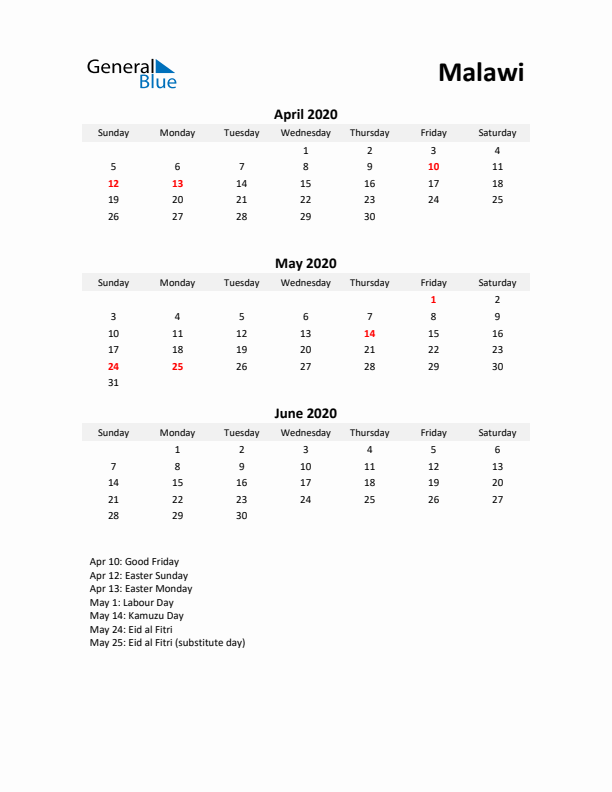 Printable Quarterly Calendar with Notes and Malawi Holidays- Q2 of 2020