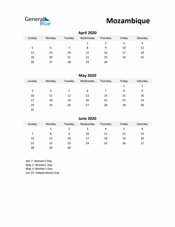 Printable Quarterly Calendar with Notes and Mozambique Holidays- Q2 of 2020