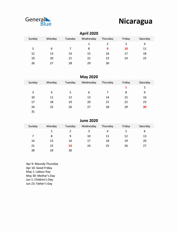 Printable Quarterly Calendar with Notes and Nicaragua Holidays- Q2 of 2020