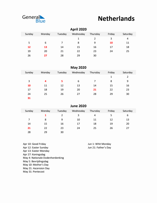 Printable Quarterly Calendar with Notes and The Netherlands Holidays- Q2 of 2020