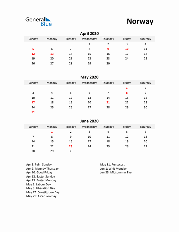 Printable Quarterly Calendar with Notes and Norway Holidays- Q2 of 2020