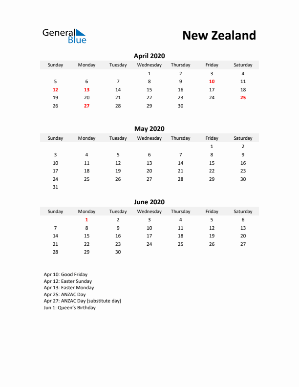 Printable Quarterly Calendar with Notes and New Zealand Holidays- Q2 of 2020