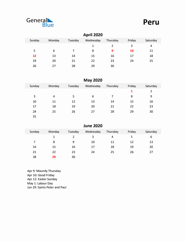 Printable Quarterly Calendar with Notes and Peru Holidays- Q2 of 2020