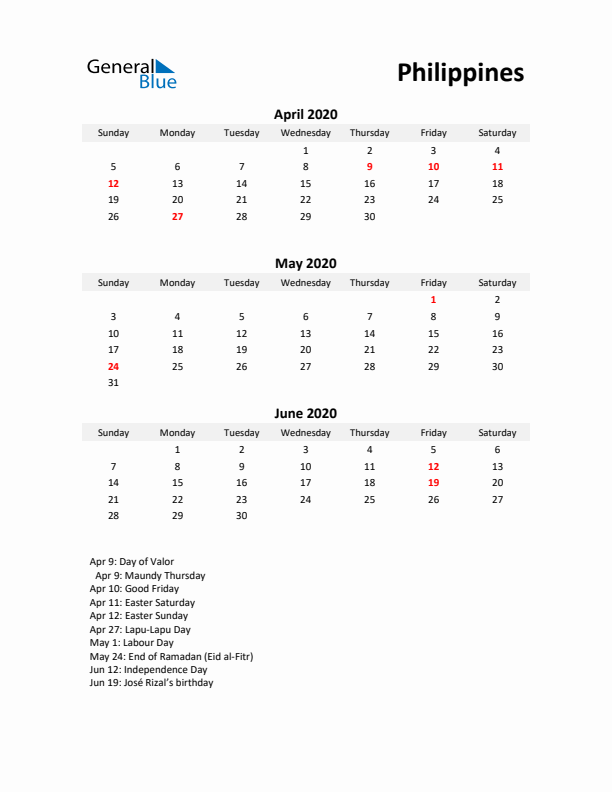 Printable Quarterly Calendar with Notes and Philippines Holidays- Q2 of 2020