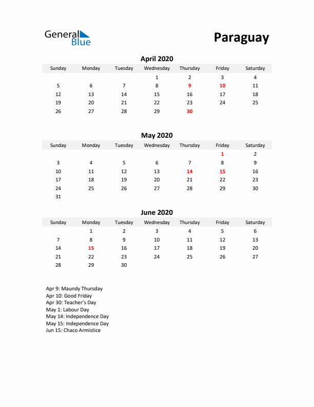 Printable Quarterly Calendar with Notes and Paraguay Holidays- Q2 of 2020