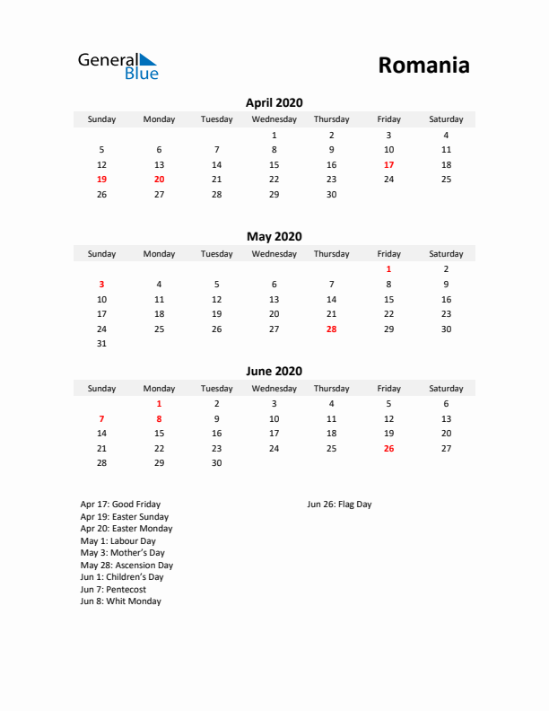 Printable Quarterly Calendar with Notes and Romania Holidays- Q2 of 2020