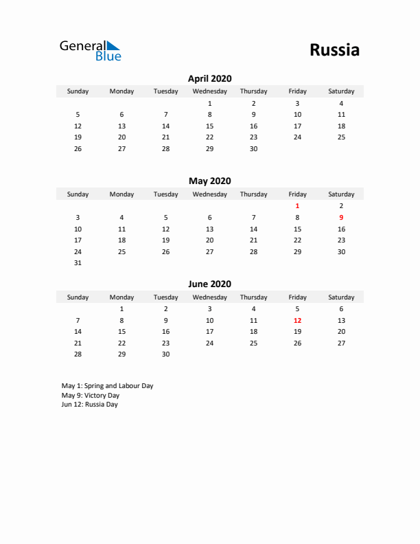 Printable Quarterly Calendar with Notes and Russia Holidays- Q2 of 2020