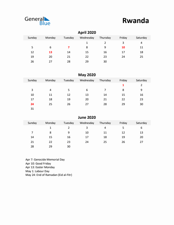 Printable Quarterly Calendar with Notes and Rwanda Holidays- Q2 of 2020