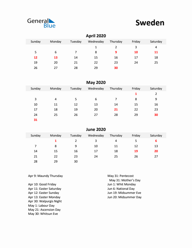 Printable Quarterly Calendar with Notes and Sweden Holidays- Q2 of 2020