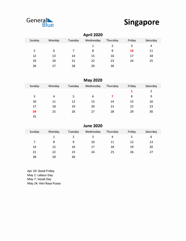 Printable Quarterly Calendar with Notes and Singapore Holidays- Q2 of 2020