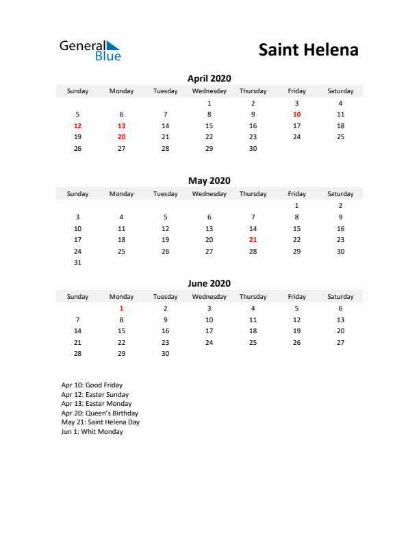 Printable Quarterly Calendar with Notes and Saint Helena Holidays- Q2 of 2020