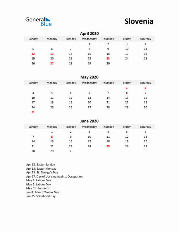 Printable Quarterly Calendar with Notes and Slovenia Holidays- Q2 of 2020