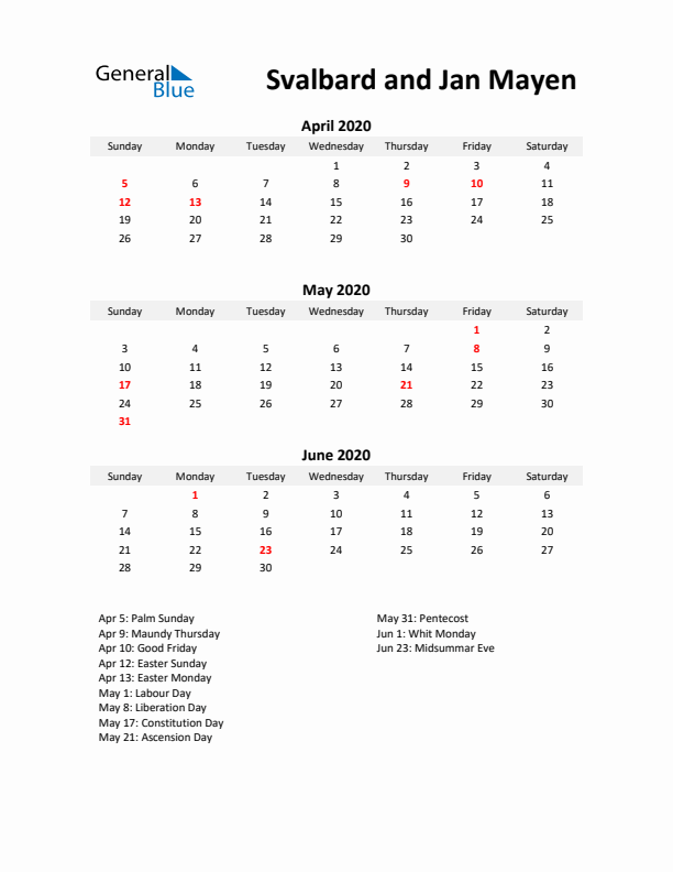 Printable Quarterly Calendar with Notes and Svalbard and Jan Mayen Holidays- Q2 of 2020