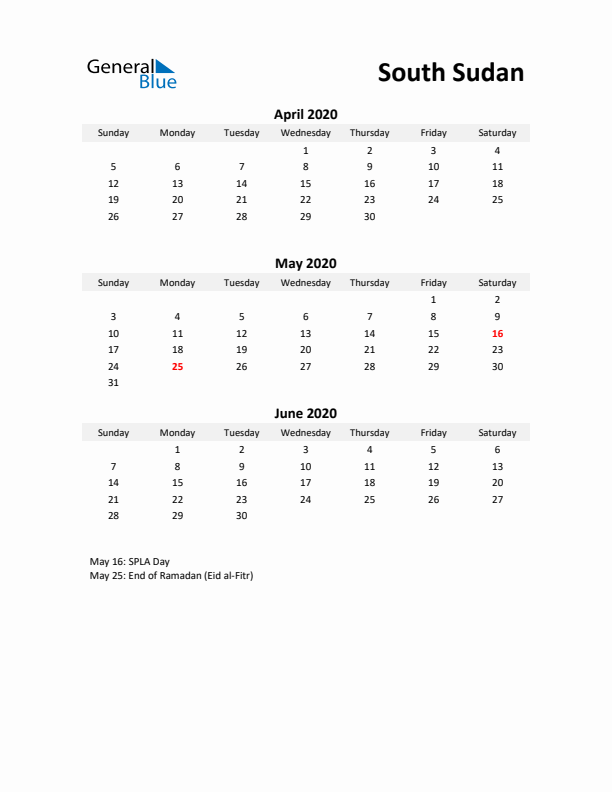 Printable Quarterly Calendar with Notes and South Sudan Holidays- Q2 of 2020